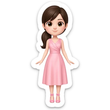 iOS emoji style 3D character, cute Asian woman with fair skin, big brown eyes, long dark brown half ponytail hair, wearing an elegant pastel pink dress with a draped neckline and knee-length skirt, pink heels with bow, full body standing pose, glossy Apple memoji style. sticker