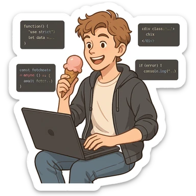 a white adolescent enjoying ice-cream, coding on a laptop, surrounded by code snippets, busy and cheerful, modern casual outfit sticker