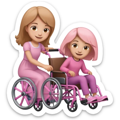 One light brown sister pushing her brown sister in a pink wheelchair sticker