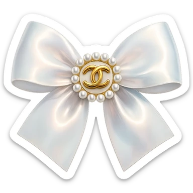 Remove the background, keep only the elegant bow with pearls and gold Chanel logo, glossy, pastel colors, realistic style, with no background. sticker