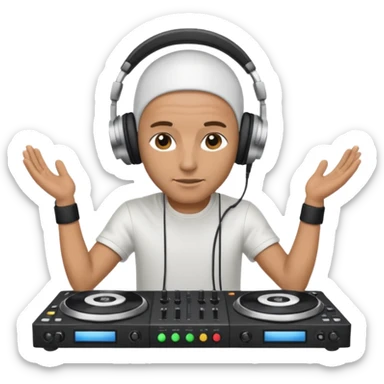 White dj mixing with dj booth, headphone on head, no cap, not bald,  sticker