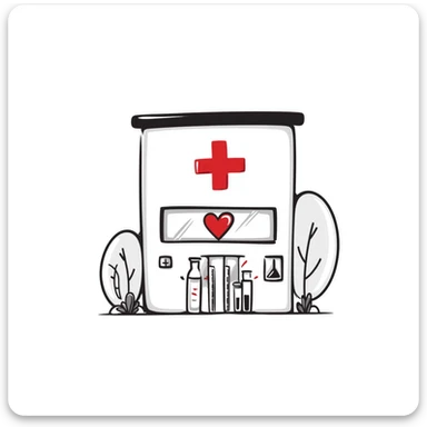Modern clinic building with glass facade, featuring a red cross sign, test tubes on display, and a subtle heart icon, clean and medical appearance sticker