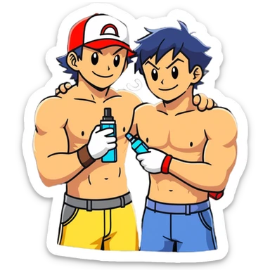 Hot handsome muscular 6ft 5inch tall smiling happy fun shirtless Ash Ketchum hugging his best friend while using a vape sticker