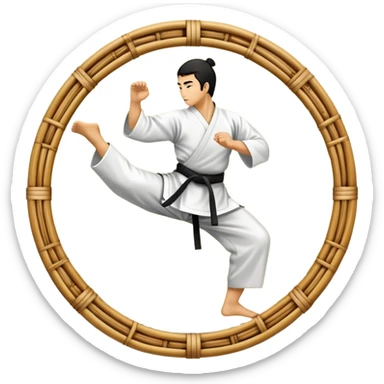 An icon symbolizing Eastern martial arts in the style of an emblem. The design features a martial artist performing a graceful kick or strike, surrounded by traditional elements like a dojo, bamboo, and ancient scrolls. The background reflects a serene, disciplined atmosphere. sticker