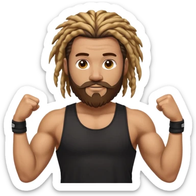 strong male personal trainer emoji, black tank top, big beard, dreadlocks only on top of head with blonde tips, shaved sides, clenched fist pose in front, confident look sticker