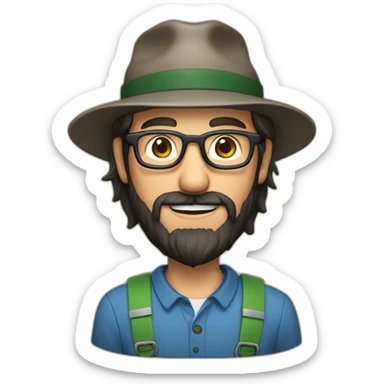 happy gardener man short dark hair long beard with steve job glasses with hat sticker