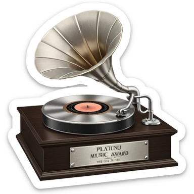 A platinum music award plaque: a square, polished platinum plate with a subtly textured, mirror-like finish, mounted on a simple dark wood base. The center features a relief of a vintage gramophone or stylized vinyl record in a slightly darker metallic tone.  sticker
