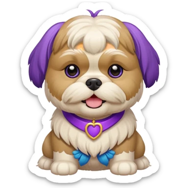 generame la imagen de un perrito raza chitzu de color cremita, totalmente cremita sin esos colores marron oscuro en su cara, hazla un poco sonriente y con su pechera morada sticker