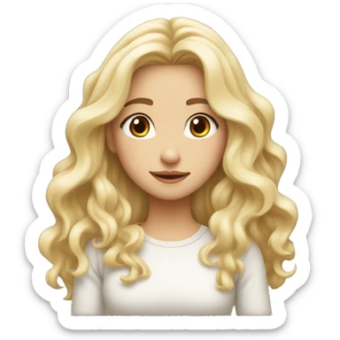 blonde long wavy hair, white scin color asian girl, from shoulders, make one emoji, make her face small and  squinty eyed sticker