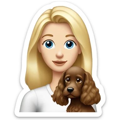 Old blue eyed blonde lady with long straight hair with dark brown Cockapoo puppy dog sticker