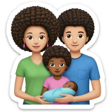 Family with a dark woman only with an afro hairstyle and a green shirt, two children: a boy with straight hair and a blue shirt, and a baby girl in a pink shirt. All are smiling. sticker