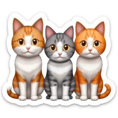 3 different coloured short haired cats including; a dark brown tabby and white cat, and a dark grey and white  sticker