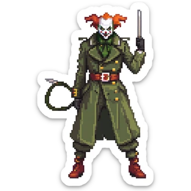 evil clown soldier, bald, small black horns on forehead, fangs, pointed ears, eye patch over one eye, long coat over black and military green clothes with bellbottom pants, tail, holding a whip, no knife, realistically proportioned, less bulky, full body, fighting stance sticker