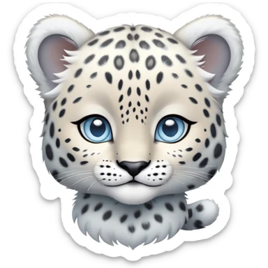 Cinematic-Noble-Snow-baby Leopard-Portrait-Emoji – Poised and majestic, with a muscular, agile build and a beautifully patterned coat of soft white and grey fur, marked with striking, deep-set, intelligent icy blue eyes, simplified yet sharp and sophisticated zoomed out showing the shoulders sticker