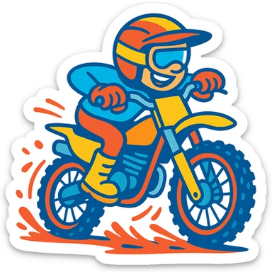 dirt bike racer, cartoon style, bright colors, exaggerated motion, fun and playful sticker