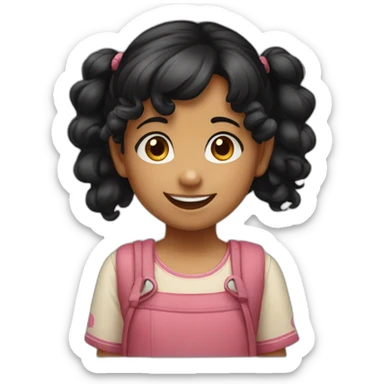 smiling and pointing 3 years old indian girl with black curly hair in pigtails sticker