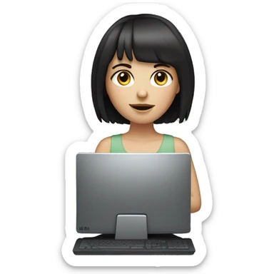 white girl with dark hair with bangs using a computer sticker