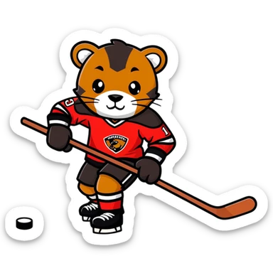 Brown Panther in red hockey jersey with hockey stick  sticker