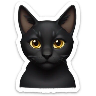 A  petite, solid black sleek furred cat. Light yellow eyes. Black pointed tufts of fur at the tips of ears only (tip of triangle on ear) similar to a lynx cat. Fully body and no other color markings. Facing forward and standing with ears slightly tilted. sticker