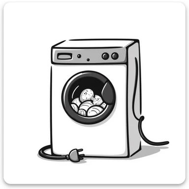 front-loading washing machine with clothes inside sticker