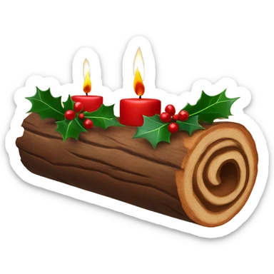 Wooden yule log with red candle in the centre, decorated with holly and bows  sticker