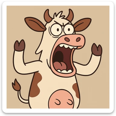 a cow yelling loudly, eyes wide, animated style sticker