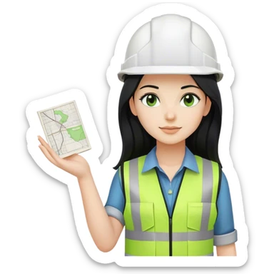 Female civil engineer with black long hair and white helmet wearing green vest with drawing plan on the hand  sticker