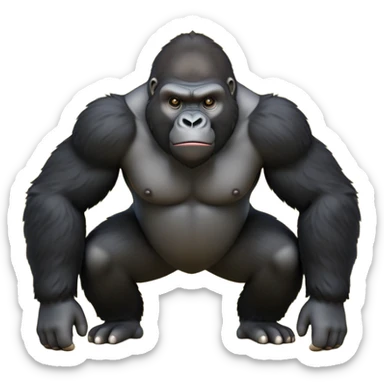cinematic-friendly gorilla-realistic-full-body-crouched on all fours-emoji,-broad-and-powerful-frame-poised-with-confidence,-massive-arms-hanging-slightly-forward,-head-tilted-thoughtfully,-thick-black-fur,-deep-dark-eyes-full-of-intelligence,-simplified-yet-realistic sticker