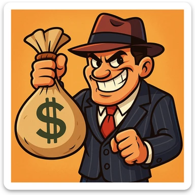 gangster character, cartoon style, holding a money bag, mischievous grin sticker