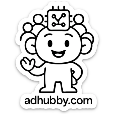 mascot logo for adhubby.com, four founders, collaborative theme, cheerful character or animal, digital or AI-inspired, approachable and memorable sticker
