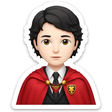Pale skin, short black wavy hair, red and black cape, tie. A traditional vampire look. sticker