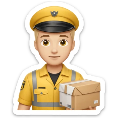 german delivery guy with yellow uniform and package sticker