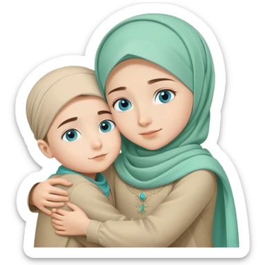 Turkish beautiful finish Konya girl blue eyes mint green beige hijab islamic dress and hugs with little boy brother  sticker