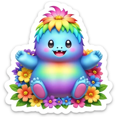 3D, Kawaii derpy fat rainbow monster sitting in a magical rainbow hued flower, rich textures, visually detailed, so lifelike that it feels like it could leap off the page at any moment sticker