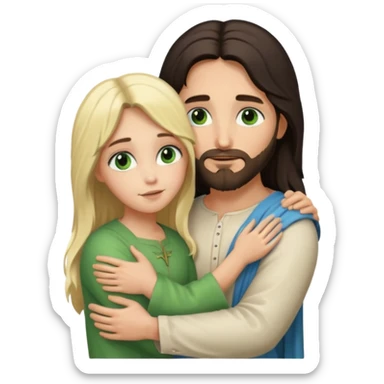 Jesus Christ with dark hair hug blonde girl with green eyes  sticker
