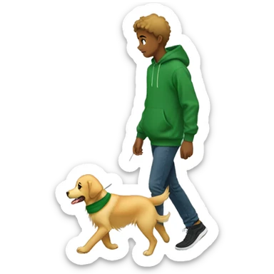 Boy in green hoodie walking golden retriever sticker