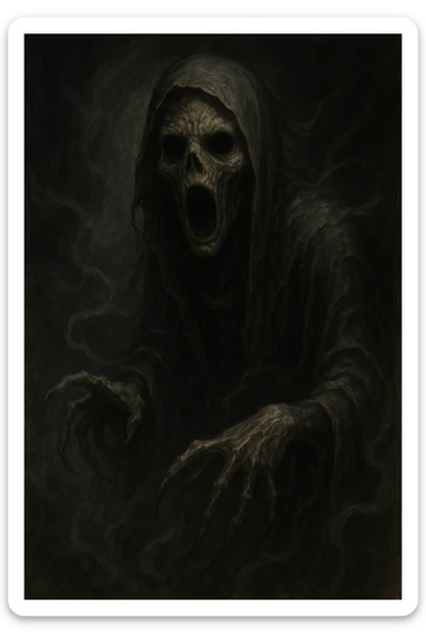 dementor, detailed illustration, haunting face, wispy hands, dramatic lighting, unique style, atmospheric sticker