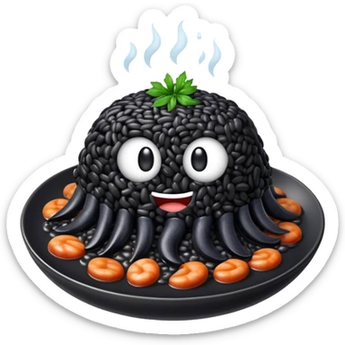 Cinematic Realistic Black Risotto Dish Emoji, showcasing a rich squid ink-infused risotto rendered with bold textures and dynamic, dramatic lighting. sticker