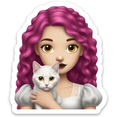 Pretty portrait of White girl. The Girl has Long Magenta Hair. Soft gothic make up and gothic dress. Holding her golden british longhair kitten. sticker