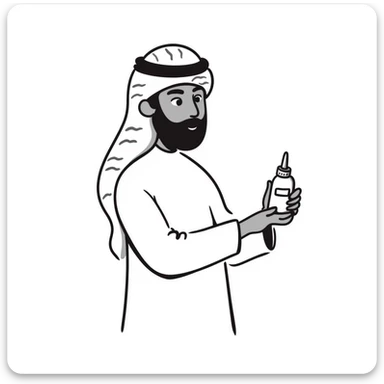 Arab man with keffiyeh holding medicine bottle and pill, hand-drawn style sticker