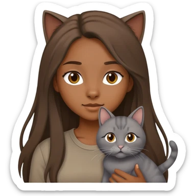 a longhair girl wearing a brown shirt with a grey cat sticker