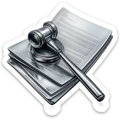 Transform the gavel and papers into a 3D chrome metallic style but keep the original brown and cream colors, highly reflective and shiny, no background. sticker