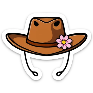 Cowgirl hat with flowers, pink and white flowers decorating a brown cowboy hat sticker