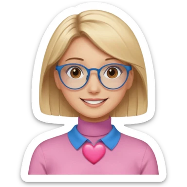 Asthectic pretty Blonde women brown eyes, blue glasses, wearing a brown polo neck shirt and smiling with a pink heart around her. sticker