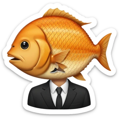 A man wearing nice black suite, and he has a fish head sticker