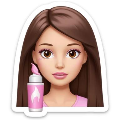 Barbie girl brown long Straight hair and brown eyes is In pale pink smears by hand cosmetic cream on her face sticker