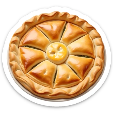 Burek sa Sirom Cinematic Realistic Burek sa Sirom Dish Emoji, depicted as a flat, flaky pastry filled with cheese, rendered with crisp textures and warm, inviting lighting. sticker