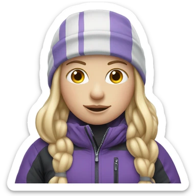 Chubby female long blonde hair skier with purpley-grey jacket and black pants sticker