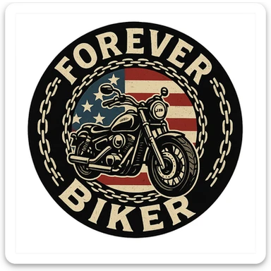 circular transparent background design for motorcycle cap, text 'FOREVER BIKER', motif: motorcycle, chain, American flag, USA style sticker