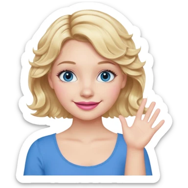 Girl Blonde short wavy hair,  blue eyes, cute blue top, long lashes, pink lips, smiling, one hand 🤷🏼‍♀️  sticker
